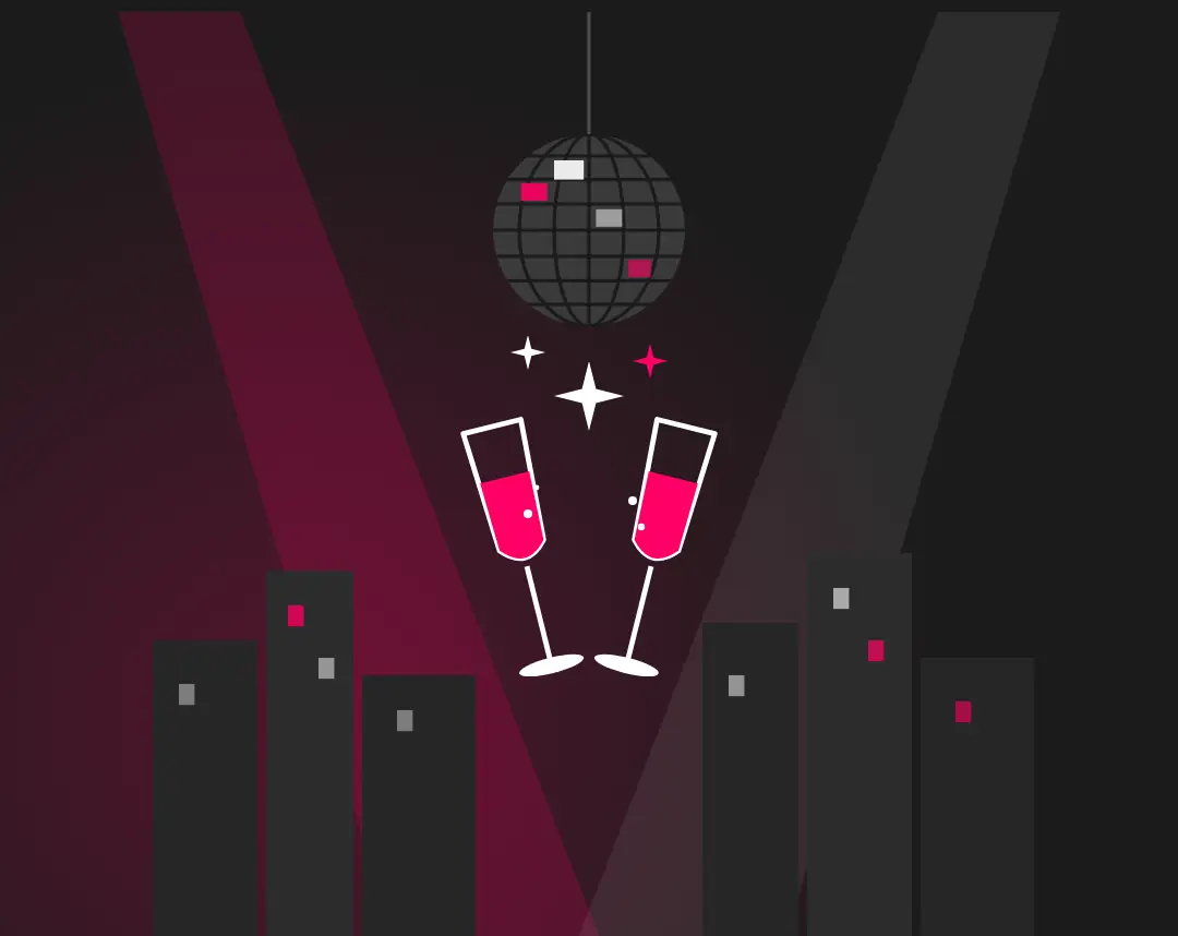 Illustration einer Firmenfeier mit Discokugel, Lichtstrahlen und anstoßenden Sektgläsern – Event-DJ Mirko Anders