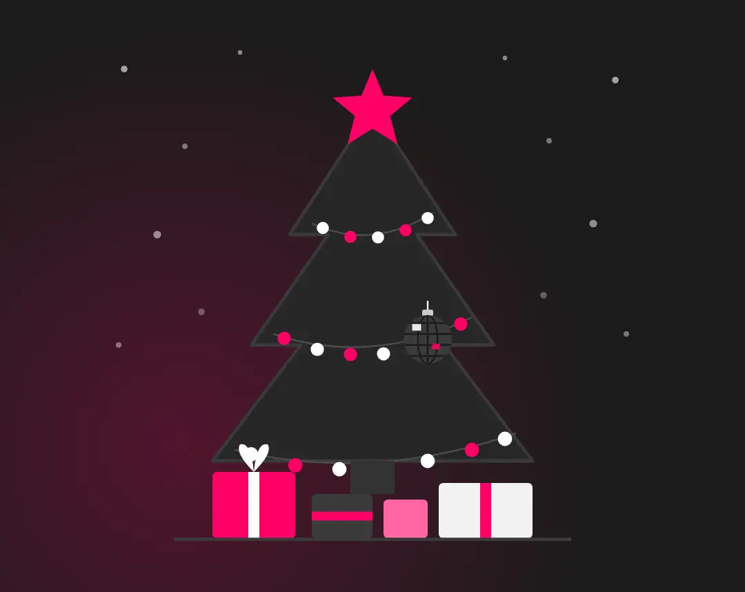 Illustration einer Weihnachtsfeier mit Tannenbaum, Lichterkette und Geschenken – DJ für Firmen-Weihnachtsfeiern