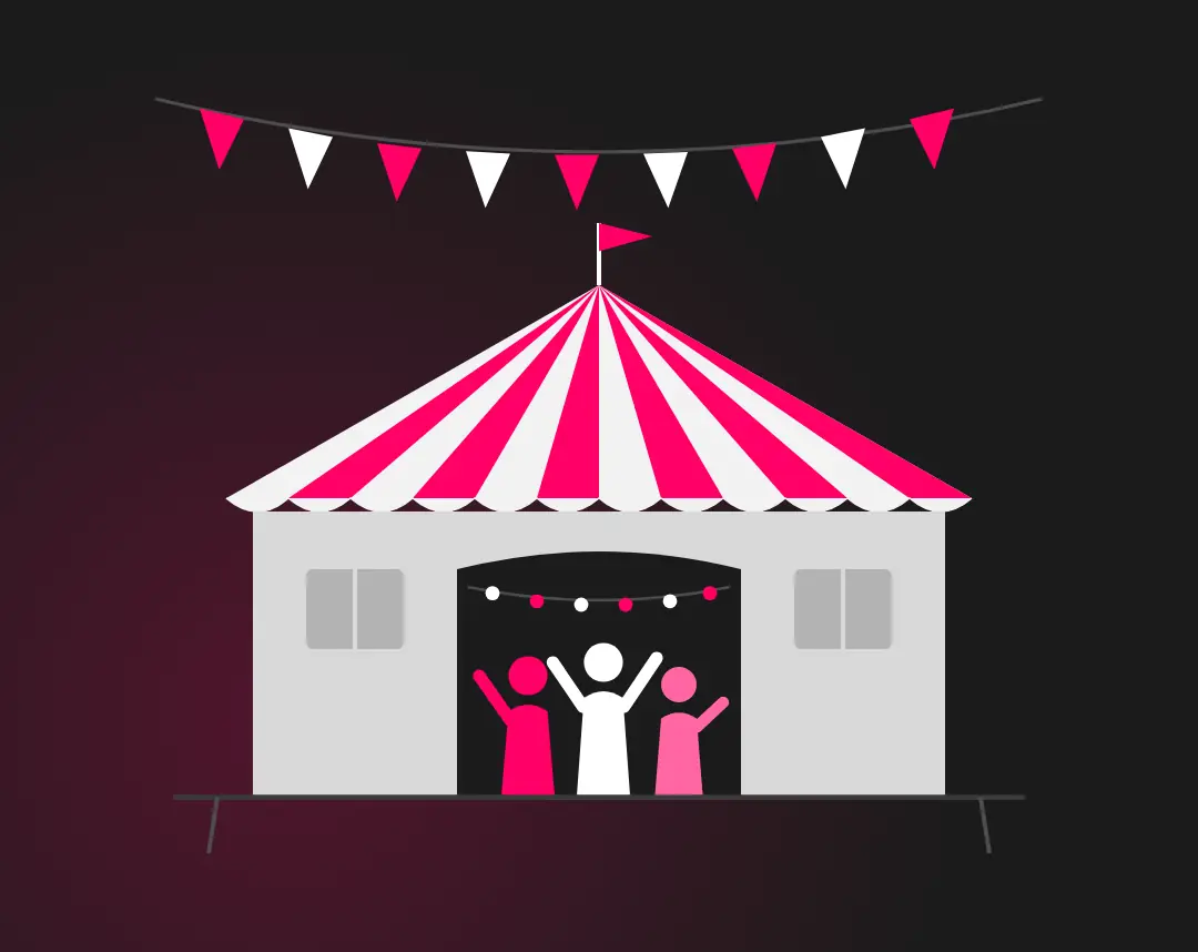 Illustration eines Festzelts mit Wimpelkette und tanzenden Gästen – DJ für Vereinsfeier und Dorffest