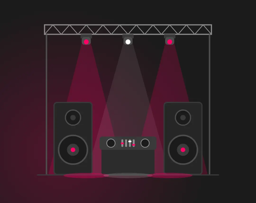 Illustration von Lautsprechern, Mischpult und Lichttechnik an einer Traverse – Technikverleih für Events