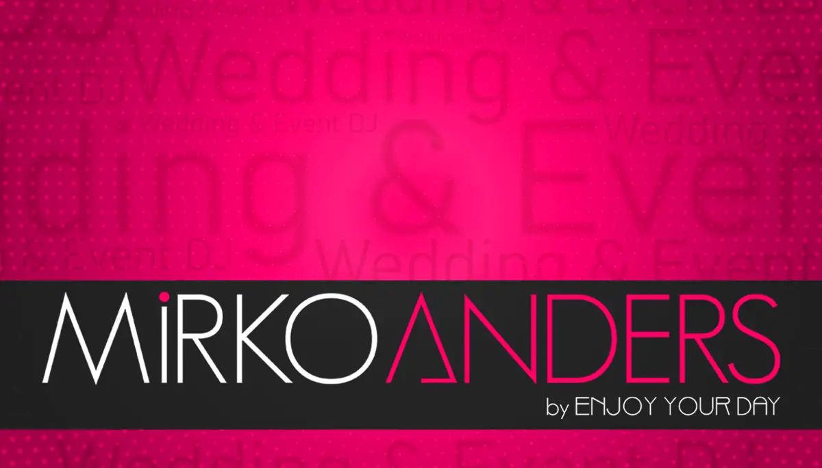 Logo von Mirko Anders, spezialisiert auf Hochzeiten und Veranstaltungen, in pinkem Design.