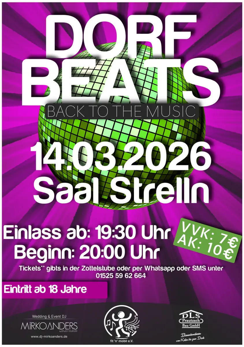 Plakat für Dorf Beats am 14.03.2026 im Saal Strelln, Eintritt und Zeiten angegeben.