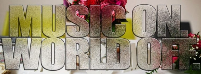 MUSIC ON WORLD OFF, DJ, Hochzeit, Sachsen-Anhalt Text "MUSIC ON WORLD OFF" mit Blumen im Hintergrund. DJ, Hochzeit, Sachsen-Anhalt